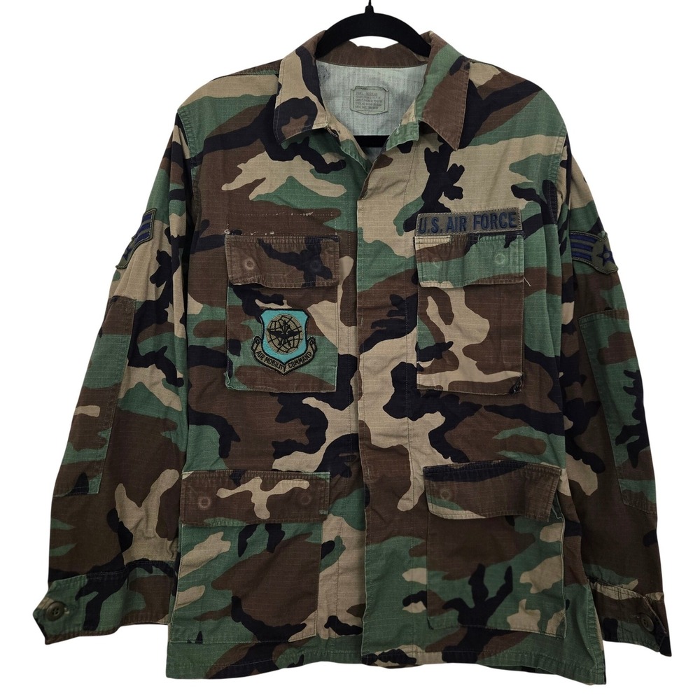 VTG 1996 US Air Force BDU Shirt Jacket Sm Regular Woodland Camo Ripstop‎ Patched